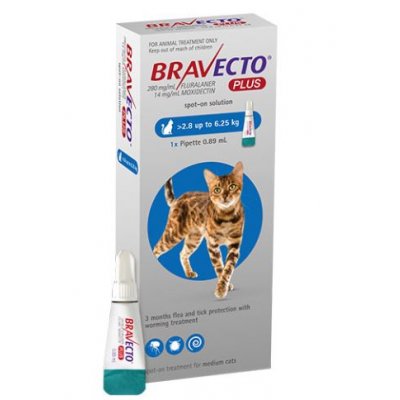Bravecto Plus Medium Cat 2.8-6.25kg Blue 3 or 6 Month Ampules